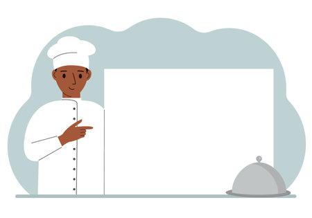 A male cook in uniform and a cap holds a large sheet of paper. Concept for menu, recipe book, blank cookbook or records. Vector flat illustrationのイラスト素材