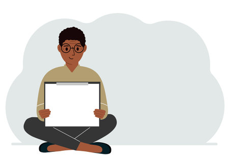 A man sits crossing his legs and holds a clipboard with a white read sheet for the text in his hands. Vector Flat Illustrationのイラスト素材