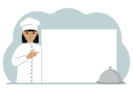 A female cook in uniform and a cap holds a large sheet of paper. Concept for menu, recipe book, blank cookbook or records.のイラスト素材