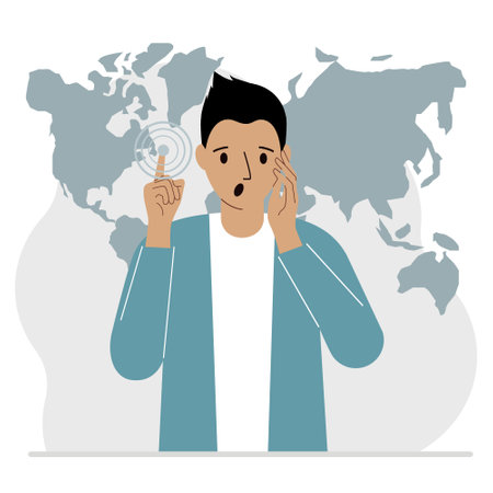 A man presses his finger on a virtual map of the world. Future, cyber. Vector flat illustrationのイラスト素材