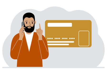 The man is talking on the phone. Nearby is a large plastic card. Vector flat illustrationのイラスト素材