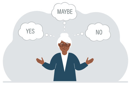 A woman spreads his arms to the sides and makes a choice or makes a decision. Air bubbles with text yes, no, maybe. Vector flat illustrationのイラスト素材