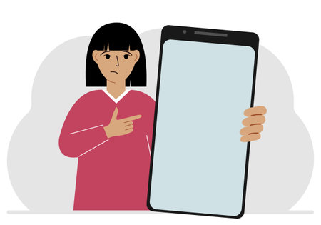 A woman holds a mock-up of a large smartphone with a blank screen and with his second hand points to the screen of the phone.のイラスト素材