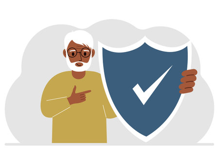 A man holds a shield in his hand, a symbol of insurance. Vector flat illustrationのイラスト素材