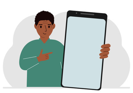 A man holds a mock-up of a large smartphone with a blank screen and with his second hand points to the screen of the phone. Vector flat illustrationのイラスト素材