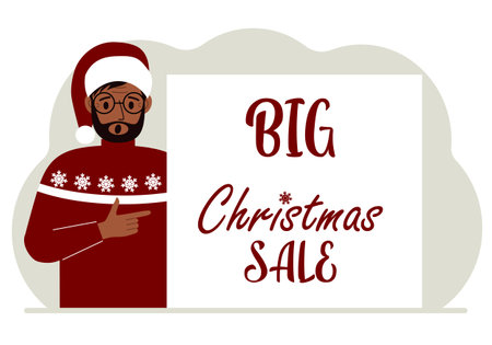 A man in a santa hat and an ugly sweater next to a Big Christmas Sale poster. christmas market. Vector flat illustration.のイラスト素材