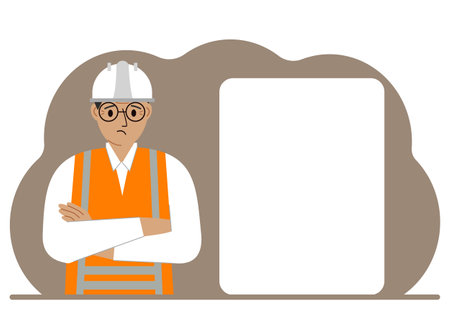A male builder in a hardhat and an orange vest stands near a large white sheet.のイラスト素材