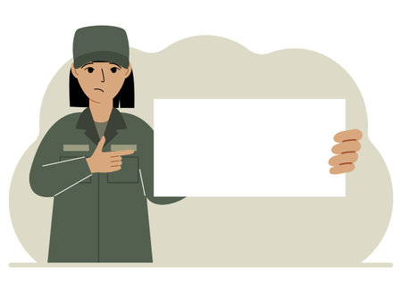 A woman in a military uniform is holding a large white sheet of paper that could be a place for text. Vectorのイラスト素材
