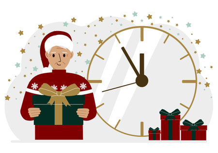 A man in a red sweater and a red cap with a large gift box. 5 minutes before Christmas or New Year. Vector flat illustration.のイラスト素材
