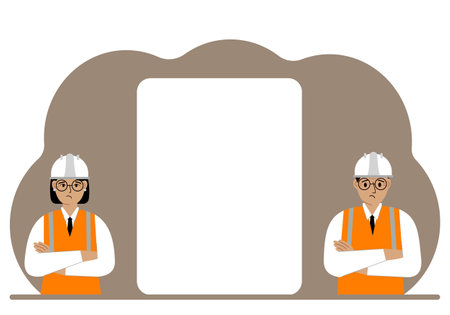 Two engineers in helmets and orange vests stand near a large white sheet. Vector flat illustration.のイラスト素材