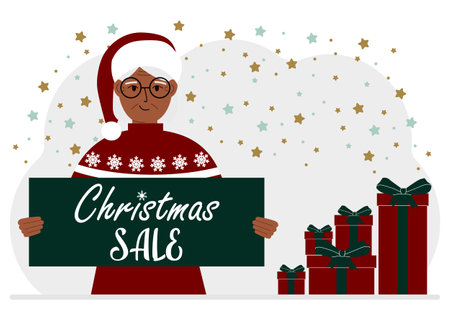 A woman in a sweater and a red Santa hat holds a poster with the text about Christmas sale in his hand.のイラスト素材