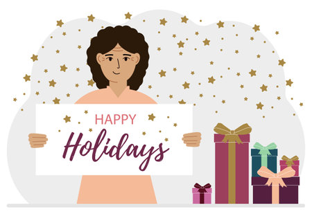 A woman is holding a large poster with the text Happy Holidays. Lots of gift boxes. Vector flat illustrationのイラスト素材