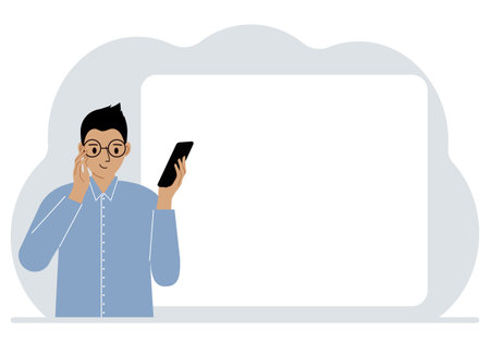 A man looks at a mobile phone. Reads SMS, news or social networks. Large white sheet for text. Vector flat illustrationのイラスト素材