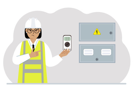 A female electrical engineer holds a digital multimeter in his hand and stands next to an electrical cabinet. Vector flat illustrationのイラスト素材