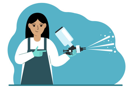 A woman in a special suit holds a paint spray gun. Vector flat illustrationのイラスト素材