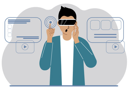 A man wearing a virtual reality headset studies, works, plays and works. Vector flat illustrationのイラスト素材