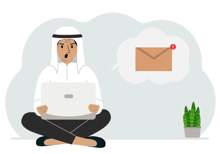 A man sits cross-legged working with a laptop and opens an email. The concept of education, work, correspondence. Vector flat illustrationのイラスト素材