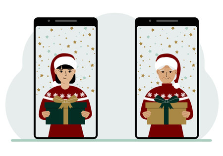 A woman and a woman meet online via video conference on mobile phones to discuss Christmas and New Year holidays and gifts virtually. Vector flat illustrationのイラスト素材