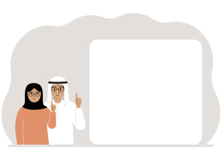 Man and woman with thumbs up. Activists near the poster.のイラスト素材