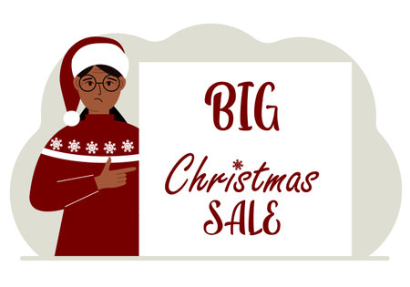 A woman in a santa hat and an ugly sweater next to a Big Christmas Sale poster. Christmas market. Vector flat illustration.のイラスト素材