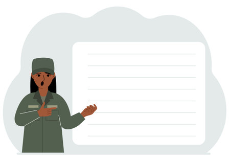 Female soldier in uniform next to a large white banner for your text.のイラスト素材