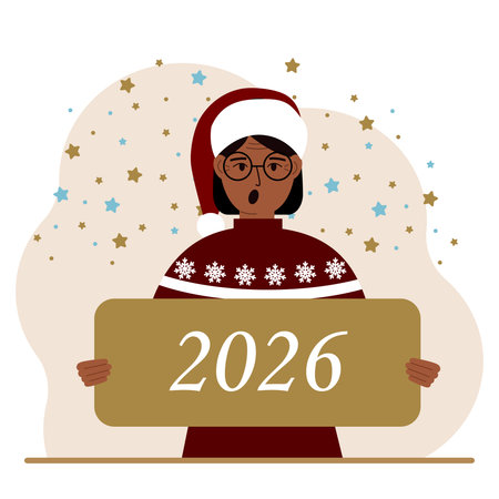 A woman in a Christmas red hat with snowflakes holds a Happy New Year 2026 card.のイラスト素材