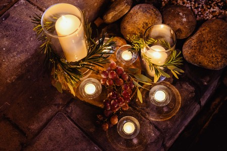 Romantic Candles Setup with grapesのeditorial素材