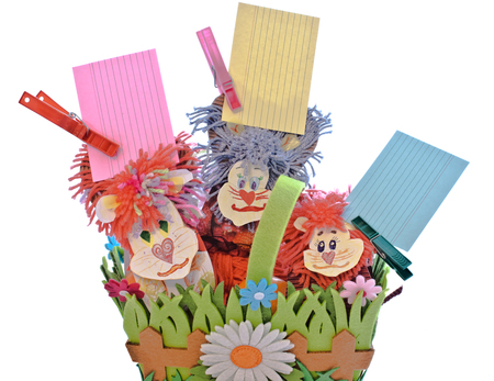 homemade cardboard lion clothespins with sheets of paper to remember shorthandの写真素材