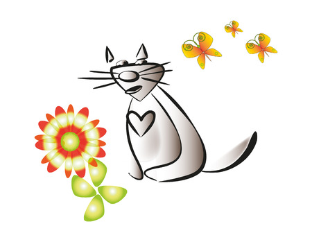 cat and three butterflies flyingのイラスト素材