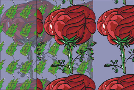 Sample drawn vector pattern with large red rose and green leaves small. Violet background. Pattern wallpaper.のイラスト素材