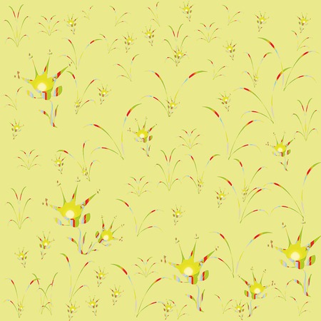 Pattern of green yellow flowers unpretentious and blades of grass, a light  yellow background.のイラスト素材