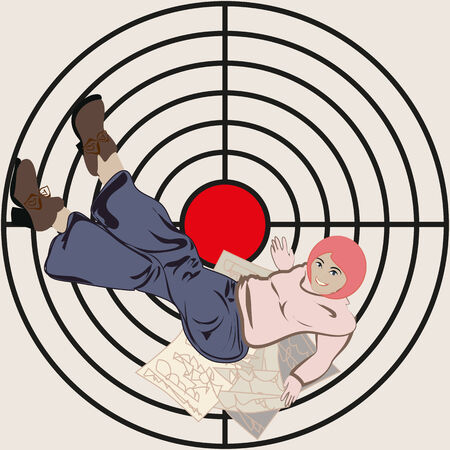 Woman lying on writing paper, lifting his legs high up in the painted circular target with a red Mechain middle.のイラスト素材