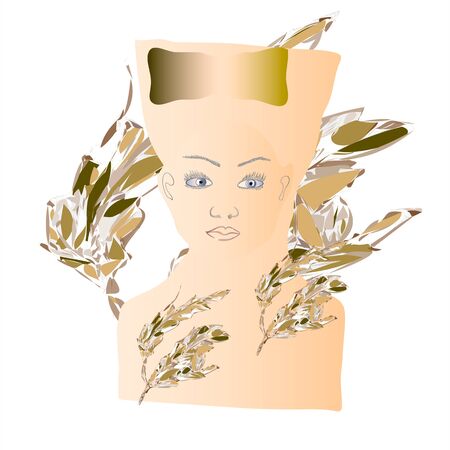 frontal female face painted silhouette surrounded by foliageのイラスト素材