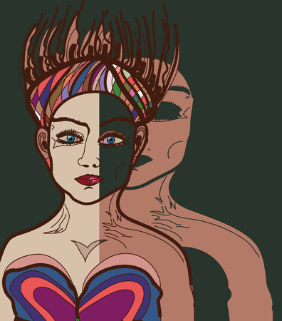 Vector drawing of a woman in the foreground and the silhouette of a man in the backgroundのイラスト素材