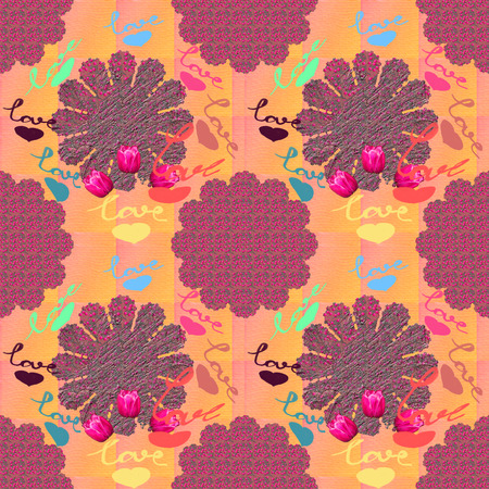 Seamless raster pattern in bright summer colors and floral design of roses, and geometric shapes, with love handmade inscriptionの写真素材