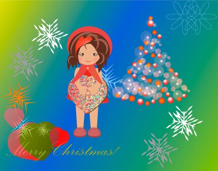 The picture with the motive Christmas girl with gift box in hands near the green decked Christmas tree on the background of snowflakes Vector illustrationの写真素材