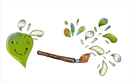 Paintbrush in the stroke with lots of merry drops of paint, vector illustration in color with lines of the contourのイラスト素材
