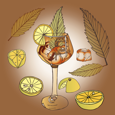 Alcohol cocktail with slices of differently sliced lemon, transparent pieces of ice drink leaf greenのイラスト素材