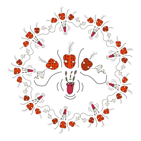 Illustration of orange-pink in a circle fantasy wreath of different plant elementsの写真素材