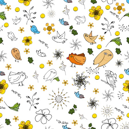 Seamless doodle background with a spring motif, different types of unpretentious twigs birds and a lot of vector flowers.のイラスト素材