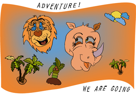 Travel kids cartoon with a lion, rhino and palm trees with the sunのイラスト素材