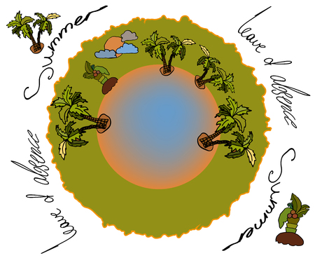 The emblem of a warm, heavenly place, in the form of a green blue place under the sun with palm trees. Around the text inviting to go on vacation in exotic travel.のイラスト素材