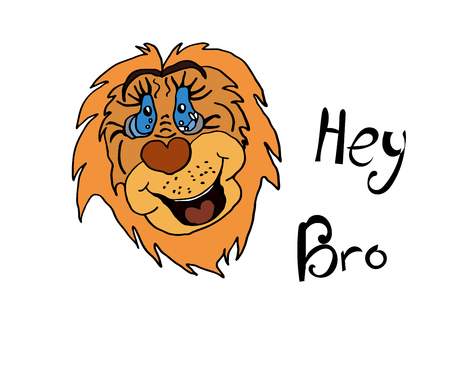 Cheerful lion cool inscription hey bro, childrens drawing in vector.のイラスト素材