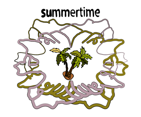Summer motive frame, with a palm tree in the middle, the text summer time is handwritten in vector, on a white background.のイラスト素材