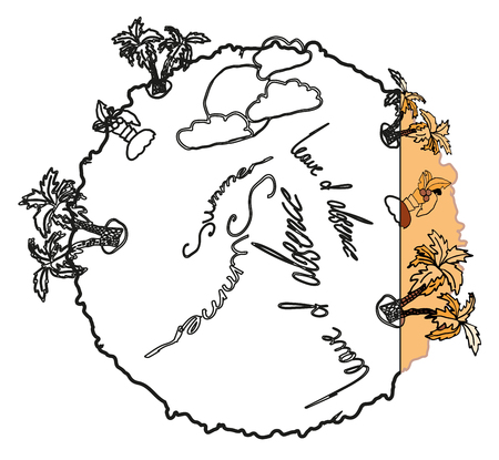 The emblem of summer vacation, depicts the stylized black-white contours of the planet and palm trees grow on it.のイラスト素材