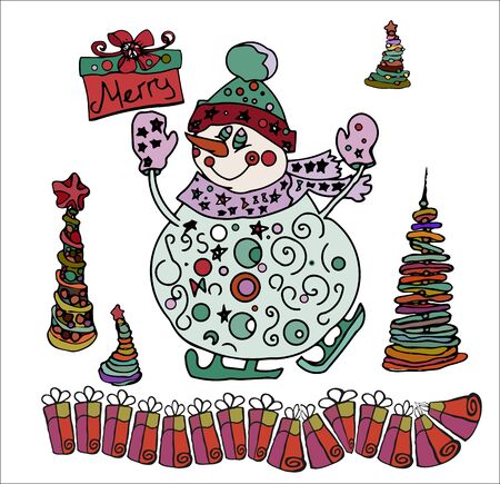 Cartoon snowman with a gift box in his hand.のイラスト素材