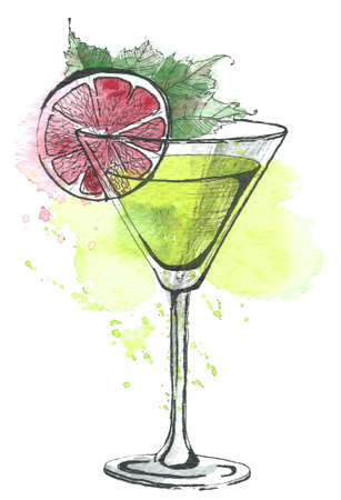 Hand drawn watercolor classic green Cocktail with splashes. Isolated object on white background. Illustration of Mojitoの写真素材