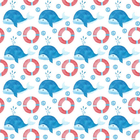 Watercolor Seamless Pattern with Whales and Preservers. Cute hand drawn illustration of underwater life. Isolated elements on white background. Ocean background for textile design or wrapping paperの写真素材