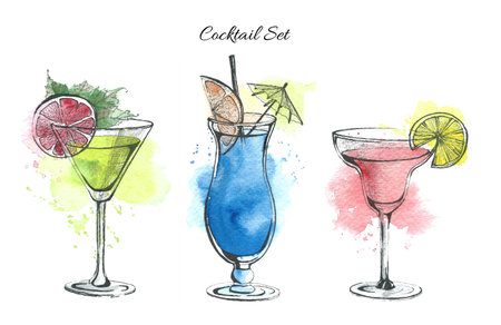 Set of summer Watercolor Cocktails in transparent Glasses. Hand drawn illustration of cold Drinks on white background. Design for Bar menuの写真素材