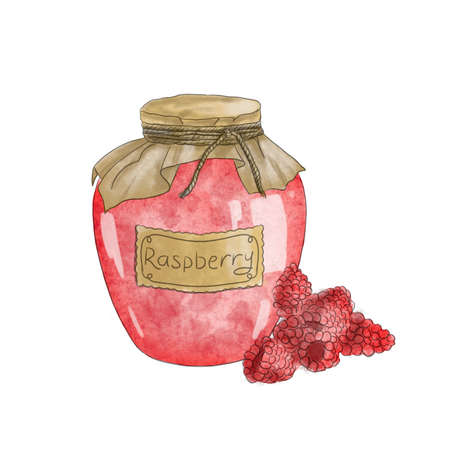 Watercolor Jar of Home Made Raspberry Jam with kraft paper and decorative rope. Hand drawn...